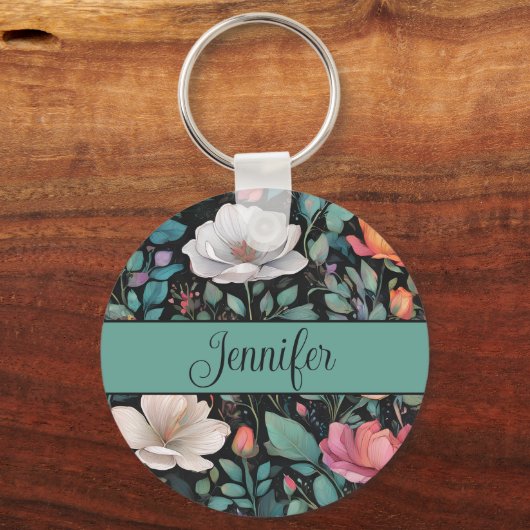 Elegante witte roze roos gepersonaliseerd sleutelhanger (Achterkant)