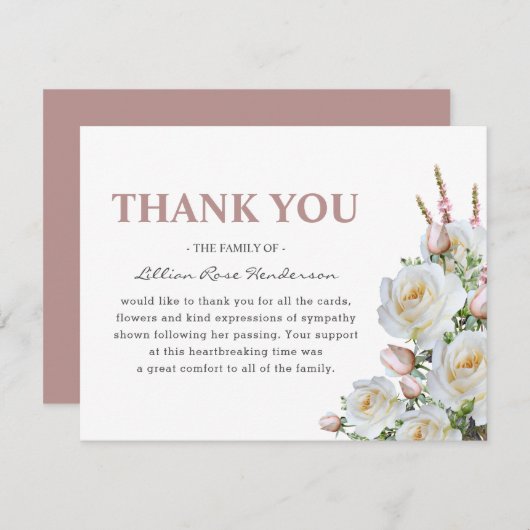 Elegante witte & roze rozen | Begrafenis Bedankt (Voorkant / Achterkant)