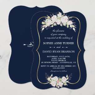 Elegante witte roze rozen marineblauwe gouden brui kaart