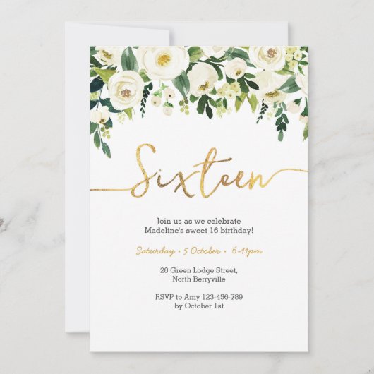 Elegante witte rozen 16e verjaardag uitnodiging (Voorkant)