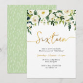 Elegante witte rozen 16e verjaardag uitnodiging (Voorkant / Achterkant)