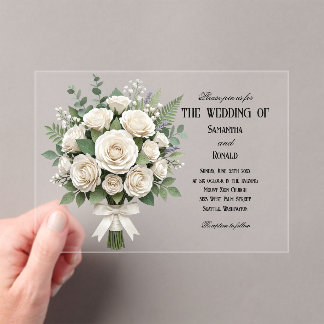 Elegante Witte Rozen Acryl Bruiloft Uitnodigingen