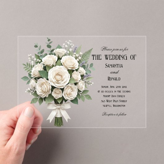 Elegante Witte Rozen Acryl Bruiloft Uitnodigingen (Insitu (Draagbaar))