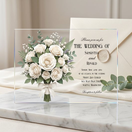 Elegante Witte Rozen Acryl Bruiloft Uitnodigingen