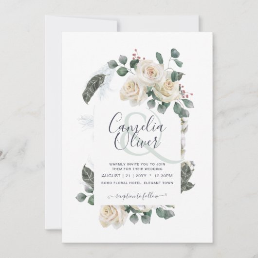 Elegante witte rozen ampersand bloemboog trouwdag kaart (Voorkant)