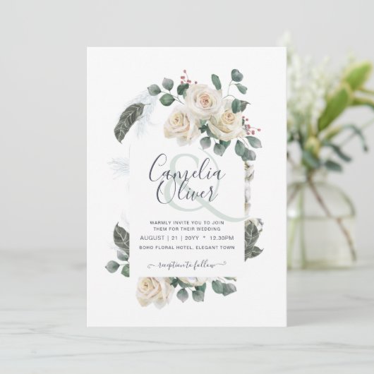 Elegante witte rozen ampersand bloemboog trouwdag kaart (Staand voorkant)