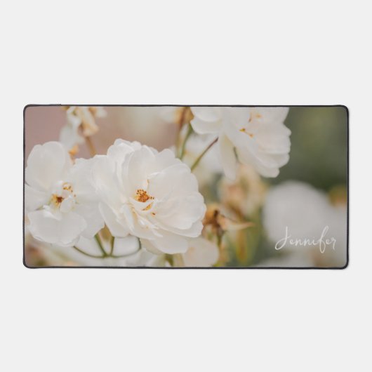 Elegante witte rozen bloem foto met aangepaste naa bureaumat (Voorkant)