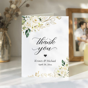 Elegante witte rozen bloemenbruiloft dank u bedankkaart