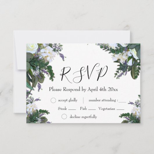 Elegante witte rozen bloemenlavendelgroen RSVP (Voorkant)