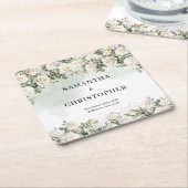 Elegante witte rozen bloementuin groen bruiloft kartonnen onderzetters (Schuin)