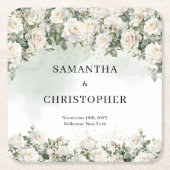 Elegante witte rozen bloementuin groen bruiloft kartonnen onderzetters (Voorkant)