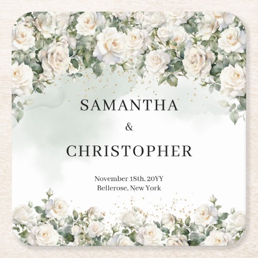 Elegante witte rozen bloementuin groen bruiloft kartonnen onderzetters (Voorkant)