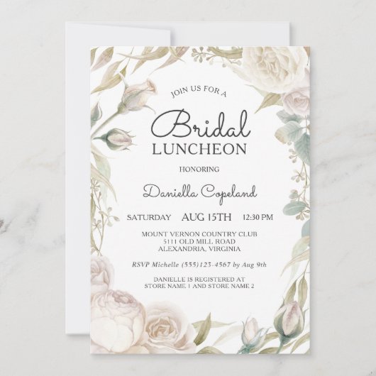 Elegante witte rozen bruids lunch uitnodiging (Voorkant)