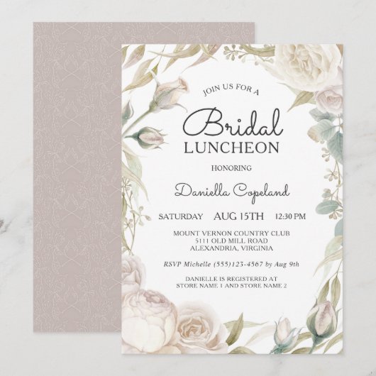 Elegante witte rozen bruids lunch uitnodiging (Voorkant / Achterkant)