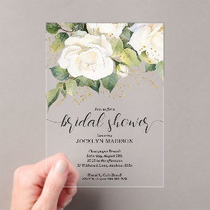 Elegante Witte Rozen Bruidsdouche Acryl Uitnodigingen