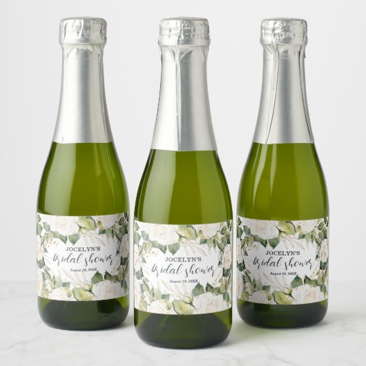 Elegante Witte Rozen Bruidsdouche Sparkling Wijnetiket (Flessen)