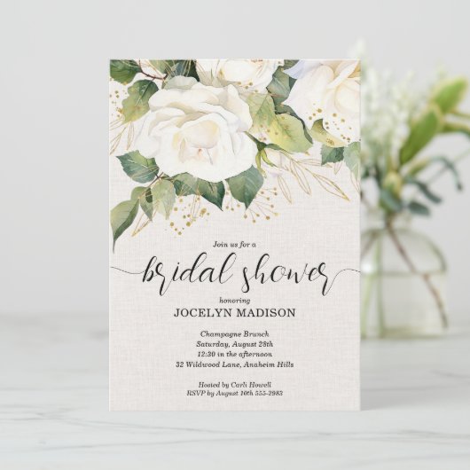 Elegante Witte Rozen Bruidsuitnodiging Kaart (Staand voorkant)
