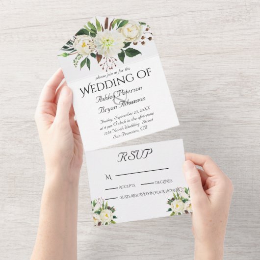 Elegante witte rozen bruiloft all in one uitnodiging (Afscheurbaar)