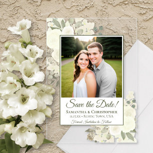 Elegante witte rozen bruiloft Bewaar de datumfoto Acryl Uitnodigingen
