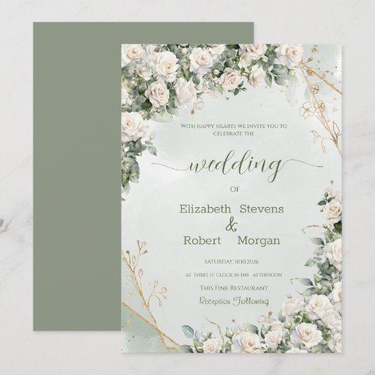 Elegante Witte Rozen Bruiloft Kaart (Voorkant / Achterkant)