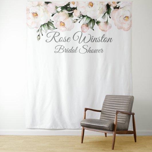 Elegante witte rozen bruiloftsshower achtergrond wandkleed (In situ)