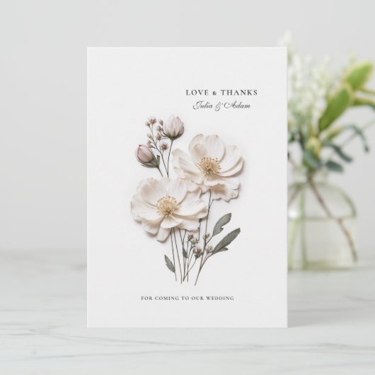 Elegante witte rozen Chic bruiloft bedankkaart (Staand voorkant)