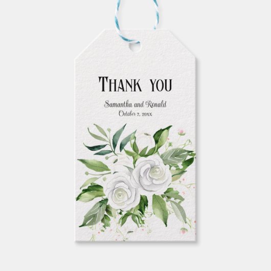 Elegante witte rozen en baby's adem bruiloft cadeaulabel (Voorkant)