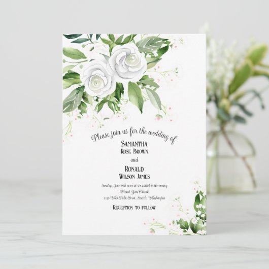 Elegante witte rozen en baby's adem bruiloft kaart (Staand voorkant)