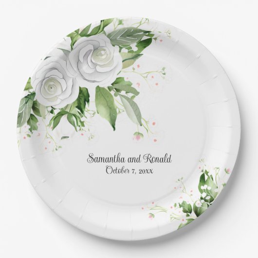 Elegante witte rozen en baby's adem bruiloft papieren bordje (Voorkant)