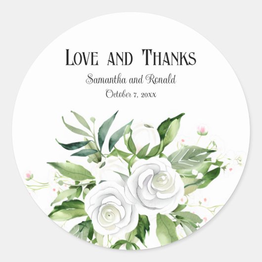 Elegante witte rozen en baby's adem bruiloft ronde sticker (Voorkant)