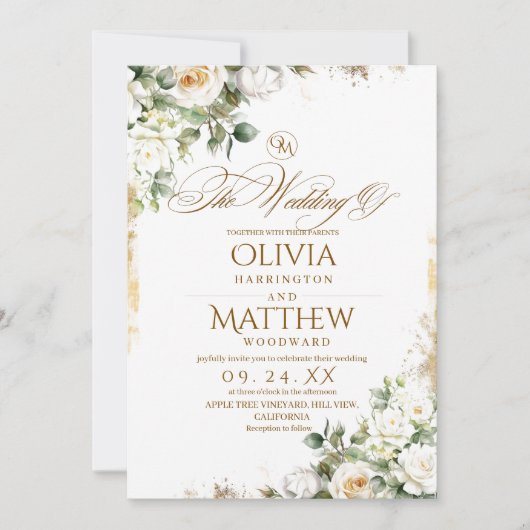 Elegante witte rozen en gouden bloemen bruiloft kaart (Voorkant)