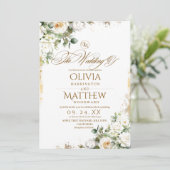 Elegante witte rozen en gouden bloemen bruiloft kaart (Staand voorkant)