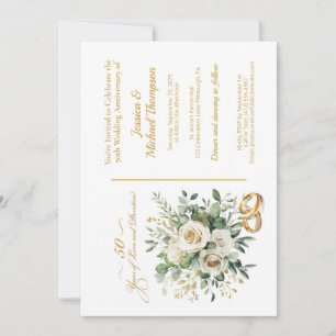 Elegante witte rozen en gouden ringen 50ste verjaa kaart
