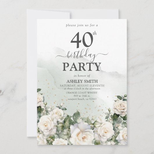 Elegante witte rozen en groen 40e verjaardag kaart (Voorkant)