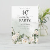 Elegante witte rozen en groen 40e verjaardag kaart (Staand voorkant)