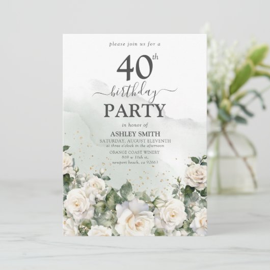 Elegante witte rozen en groen 40e verjaardag kaart (Staand voorkant)