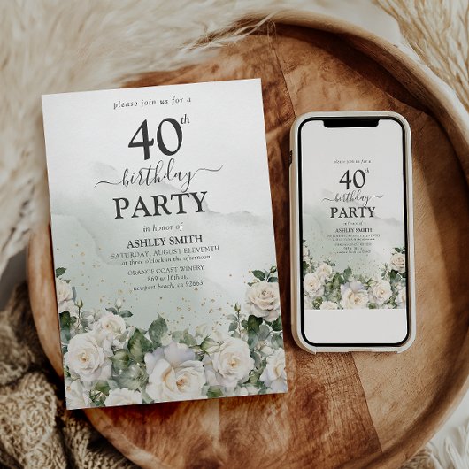 Elegante witte rozen en groen 40e verjaardag kaart