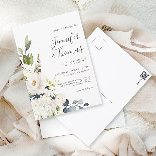 Elegante witte rozen en hortensia's bruiloft briefkaart