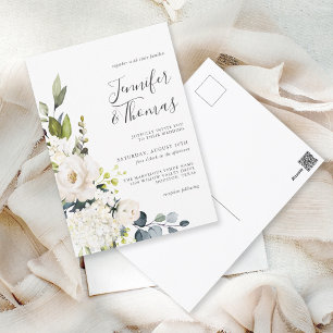 Elegante witte rozen en hortensia's bruiloft briefkaart