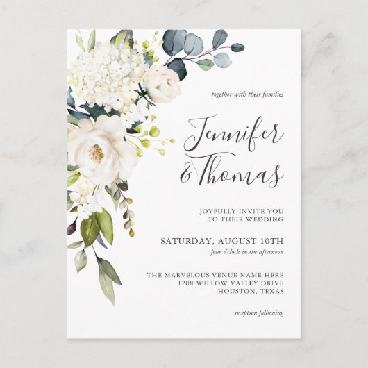 Elegante witte rozen en hortensia's bruiloft briefkaart (Voorkant)