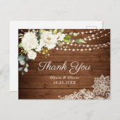Elegante witte rozen en kant rustiek hout dank u briefkaart (Voorkant / Achterkant)