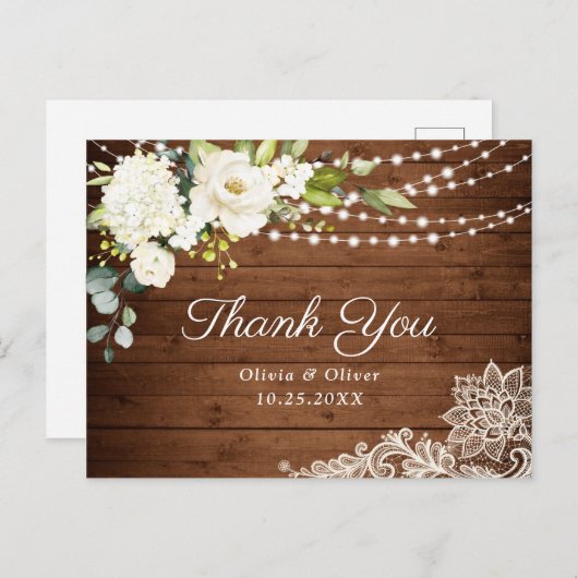 Elegante witte rozen en kant rustiek hout dank u briefkaart (Voorkant / Achterkant)