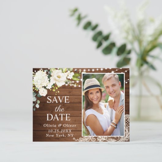 Elegante witte rozen en kanten rustieke Save the D Briefkaart (Staand voorkant)
