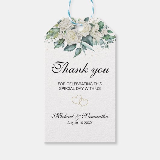 Elegante witte rozen en lelies bruiloft cadeaulabel (Voorkant)