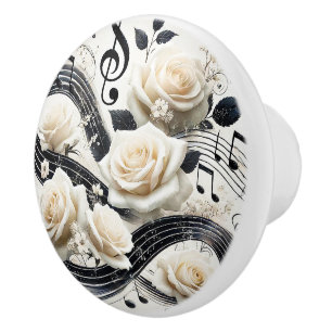 Elegante witte rozen en muzieknoten accent keramische knop