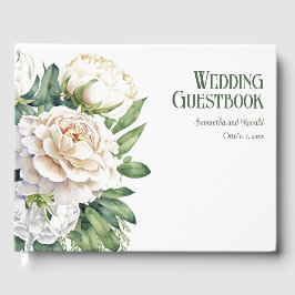 Elegante witte rozen en pioenen bruiloft gastenboek