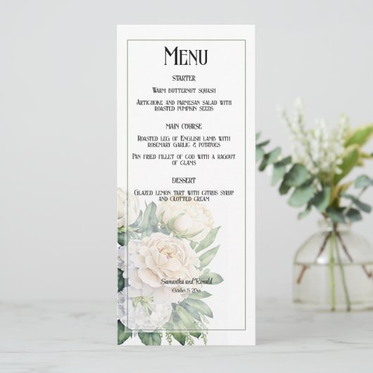 Elegante witte rozen en pioenen bruiloft kaart (Staand voorkant)