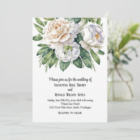 Elegante witte rozen en pioenen bruiloft kaart (Staand voorkant)