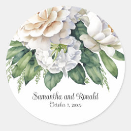 Elegante witte rozen en pioenen bruiloft ronde sticker