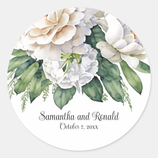 Elegante witte rozen en pioenen bruiloft ronde sticker (Voorkant)